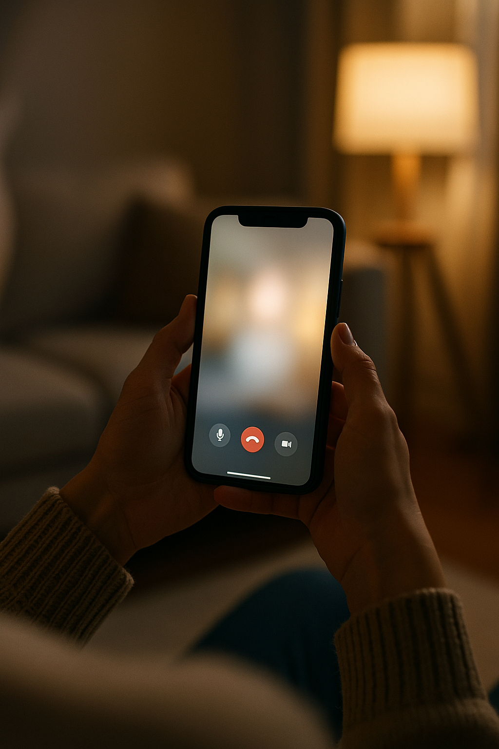 Mãos segurando celular numa videochamada, em sala de estar à noite com luz de abajur